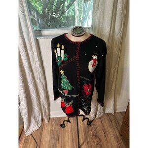 Vtg Victoria Jones Novelty Embroidered beaded Ugly Christmas Sweater S festive